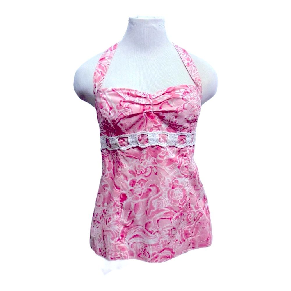 Lilly Pulitzer Retro Vintage Halter Top Sweetheart Neckline Lace Trim Size 6